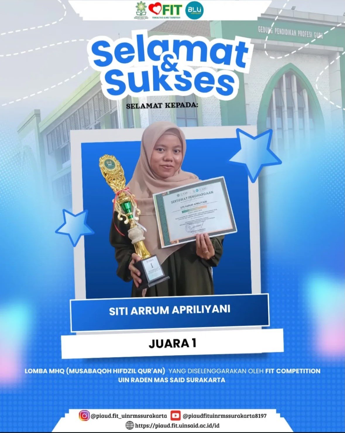 Mahasiswi PIAUD Ukir Prestasi di Bidang Keagamaan melalui Juara 1 MHQ